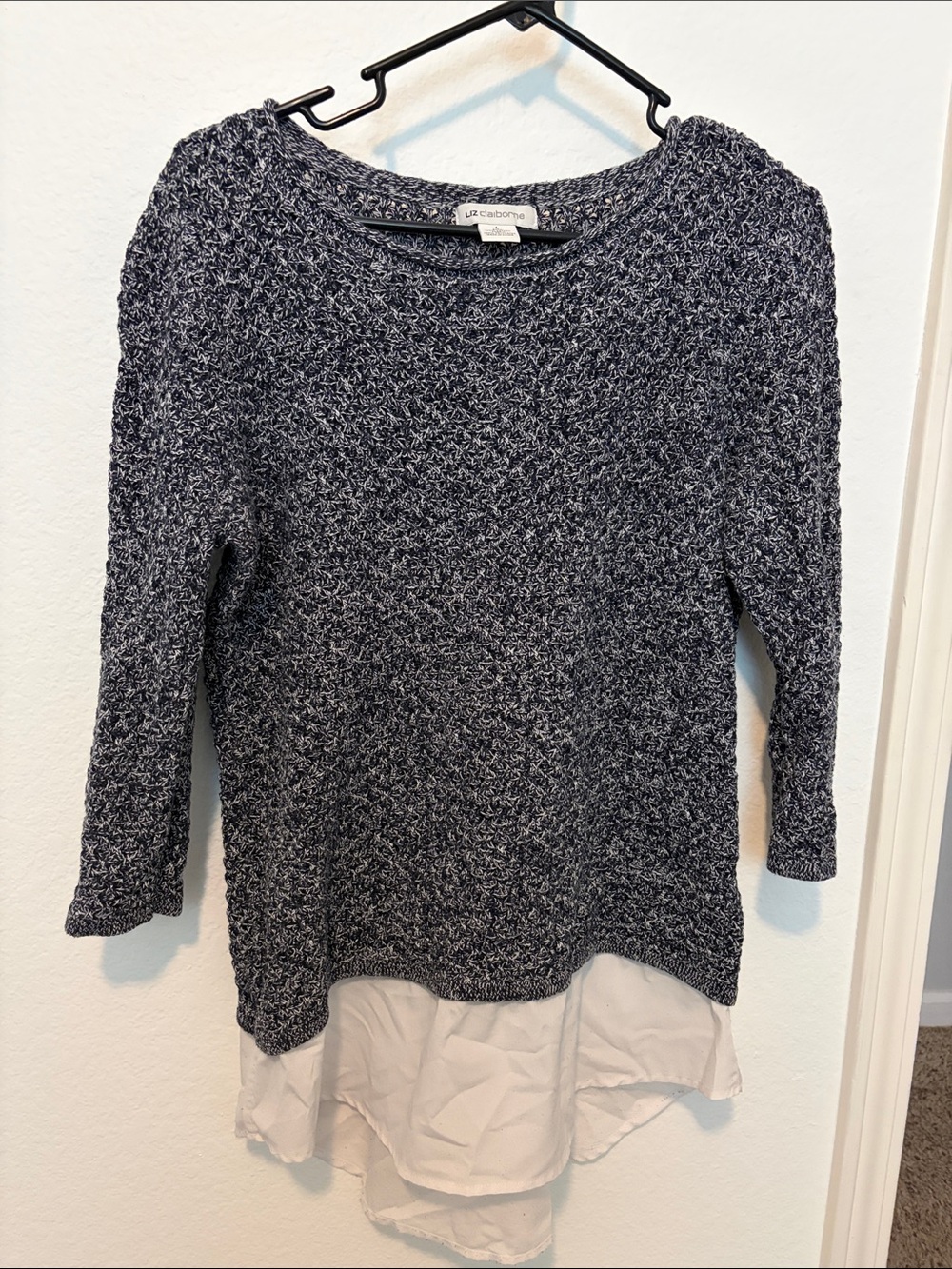 Liz Claiborne Navy Marled Sweater with White Shirt-Hem